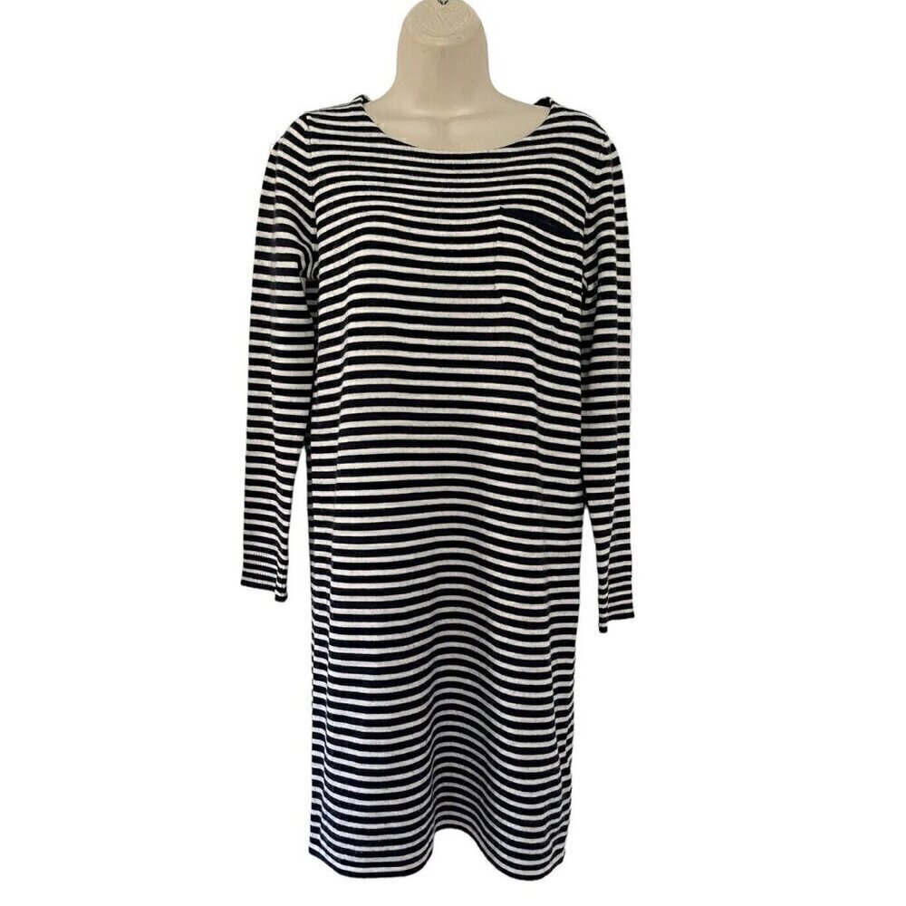 A.P.C. Woman's Sz M Black & Cream Striped Shirt Dress Lightweight Wool Long Slv